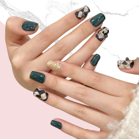10Pcs Green diamond ｜ Full Cover Fake Nails ｜ Daily Wear