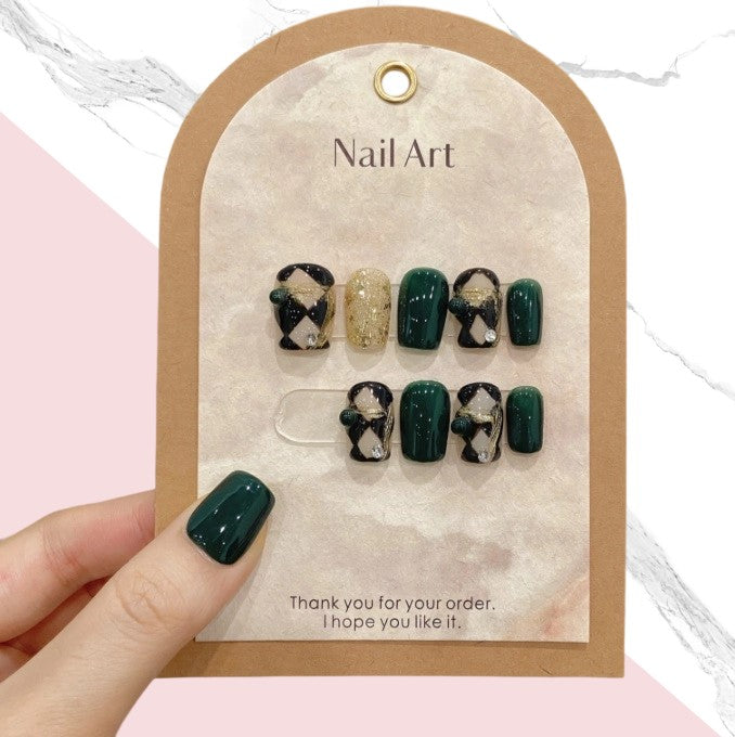 10Pcs Green diamond ｜ Full Cover Fake Nails ｜ Daily Wear
