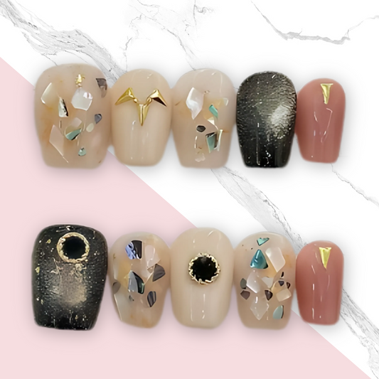 10Pcs Vintage mother-of-pearl fragment Cat's eye ｜ Full Cover Fake Nails ｜ Daily Wear