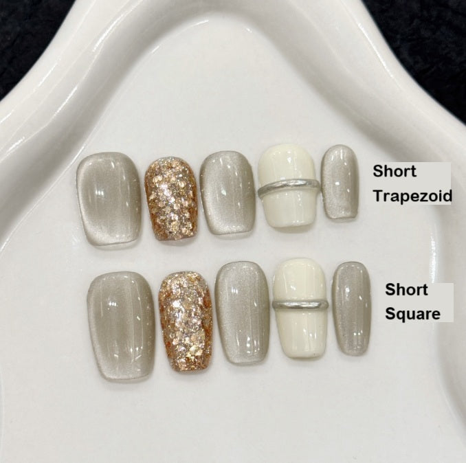 10Pcs Paris milky white champagne gold sequin cat's eye ｜ Full Cover Fake Nails ｜ Daily Wear