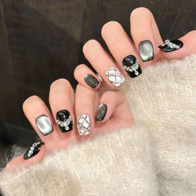 10Pcs Pearl diamond starry Cat's eye ｜ Full Cover Fake Nails ｜ Daily Wear