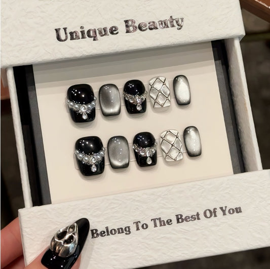 10Pcs Pearl diamond starry Cat's eye ｜ Full Cover Fake Nails ｜ Daily Wear