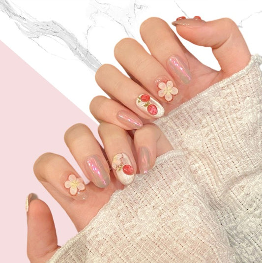 10Pcs Strawberry painted flower ｜ Full Cover Fake Nails ｜ Daily Wear