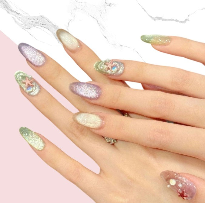 10Pcs Starfish Colored Glass Bead Cat's Eye｜ Full Cover Fake Nails ｜ Daily Wear