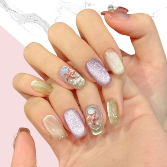 10Pcs Starfish Colored Glass Bead Cat's Eye｜ Full Cover Fake Nails ｜ Daily Wear