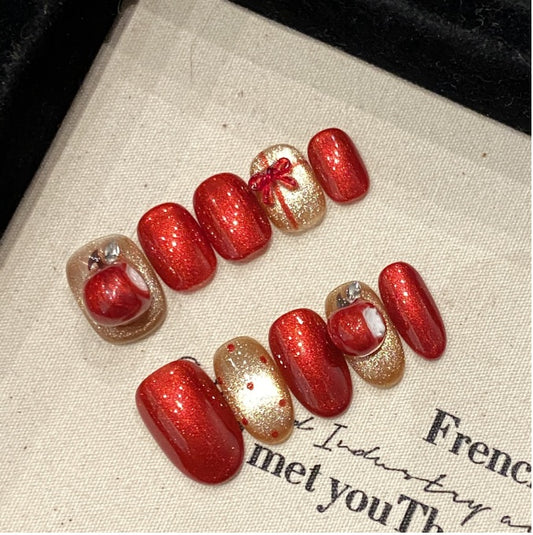 10Pcs Red Apple Glittering Gift｜ Full Cover Fake Nails ｜ Daily Wear