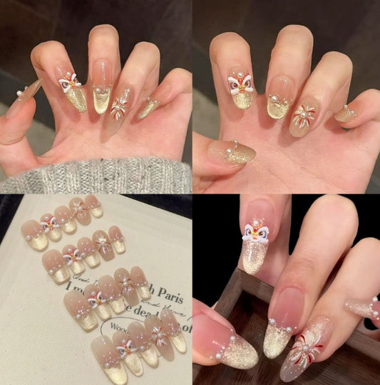 10Pcs Firework Pearl Lion Cat's Eye｜ Full Cover Fake Nails ｜ Daily Wear