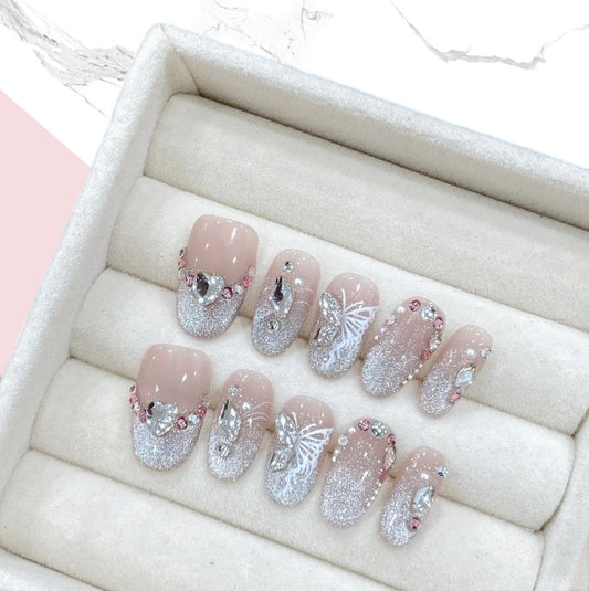 10Pcs Pink Diamond Butterfly shadow｜ Full Cover Fake Nails ｜ Daily Wear