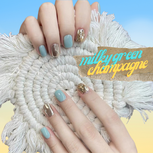10Pcs Fresh milky green mirror champagne glitter ｜ Full Cover Fake Nails ｜ Daily Wear