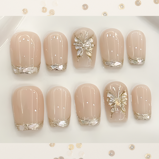 10Pcs Golden Nude Butterfly ｜ Full Cover Fake Nails ｜ Daily Wear