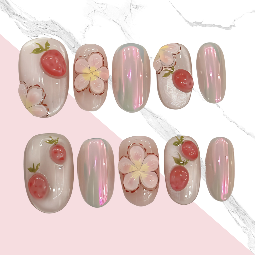 10Pcs Strawberry painted flower ｜ Full Cover Fake Nails ｜ Daily Wear
