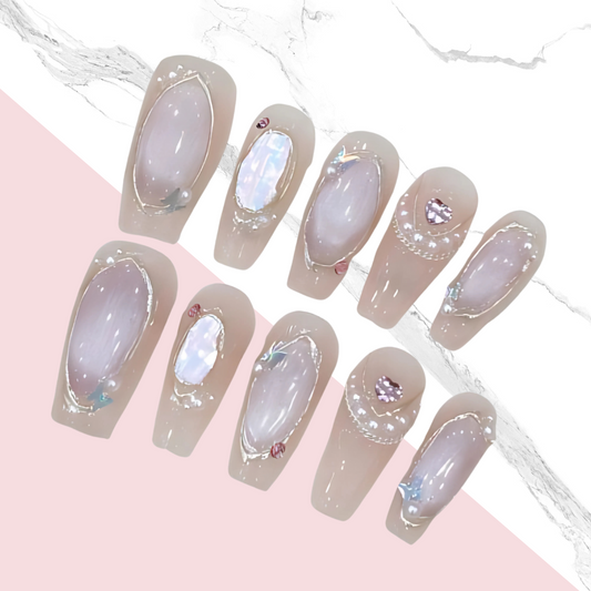 10Pcs Pink Diamond Iridescent Pearl Cat's Eye｜ Full Cover Fake Nails ｜ Daily Wear