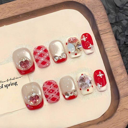 10Pcs Pink rhombus Sparkling Diamond Cat's eye｜ Full Cover Fake Nails ｜ Daily Wear