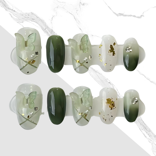 10Pcs Spring green Butterfly｜ Full Cover Fake Nails ｜ Daily Wear
