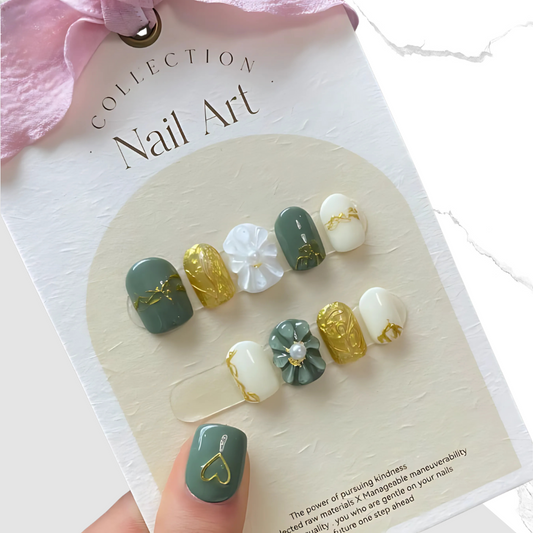 10Pcs Golden branches and jade leaves｜ Full Cover Fake Nails ｜ Daily Wear