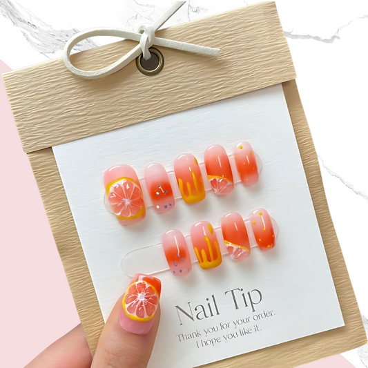 10Pcs Grapefruit Bubbles ｜ Full Cover Fake Nails ｜ Daily Wear