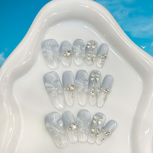 10Pcs Blue Ocean Ice Transparent 3D Butterfly Cat's Eye ｜ Full Cover Fake Nails ｜ Daily Wear