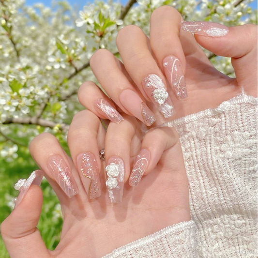 10Pcs Pink Gentle Aurora Camellia | Full Cover Fake Nails｜Daily Wear