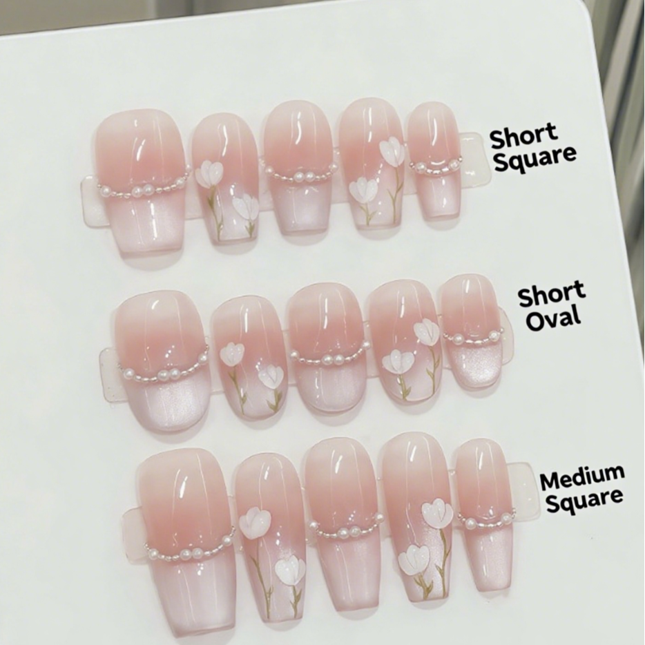 10Pcs Pink Tulip Pearl Cat's Eye ｜ Full Cover Fake Nails ｜ Daily Wear