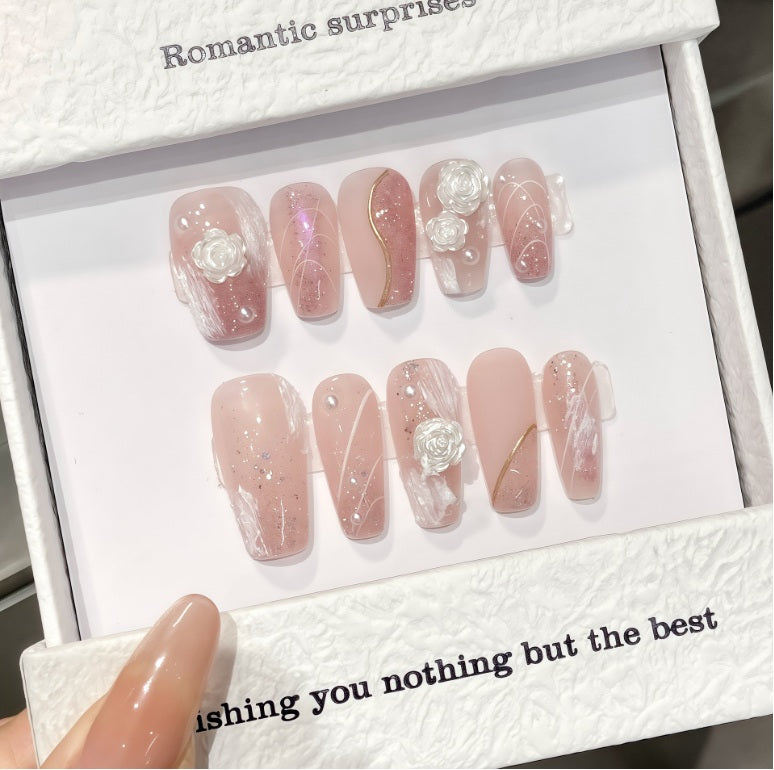 10Pcs Pink Gentle Aurora Camellia | Full Cover Fake Nails｜Daily Wear
