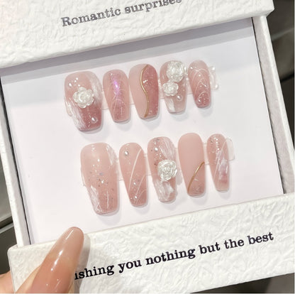 10Pcs Pink Gentle Aurora Camellia | Full Cover Fake Nails｜Daily Wear